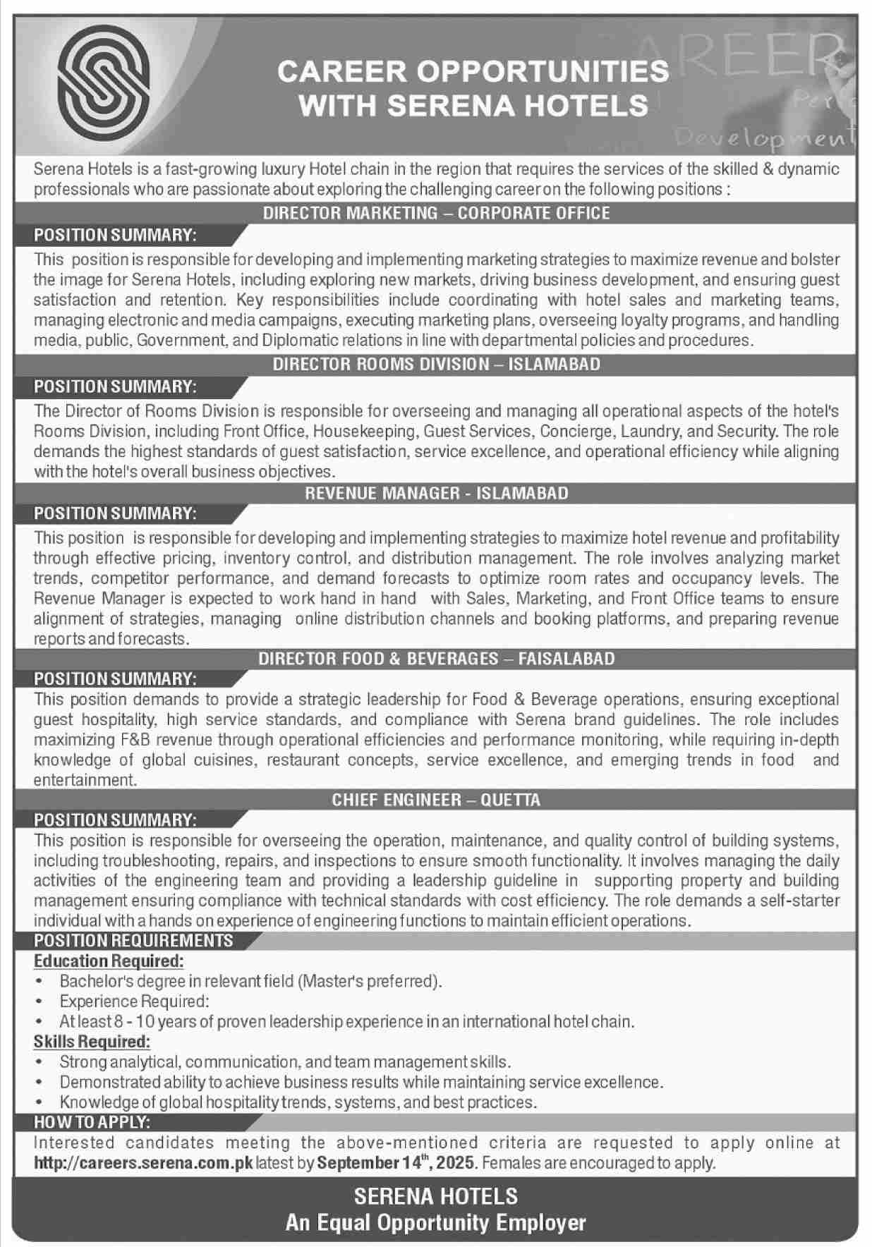 Jobs in Serena Hotel Islamabad